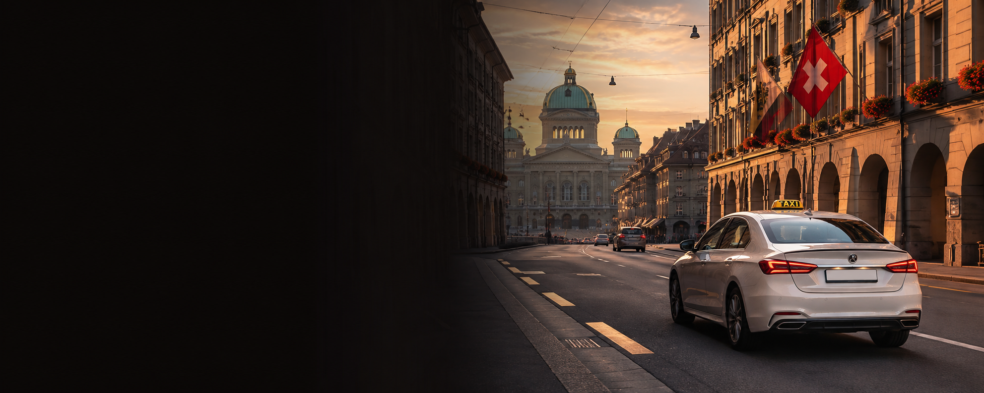 Taxi in Bern with the Federal Palace and old-town arcades