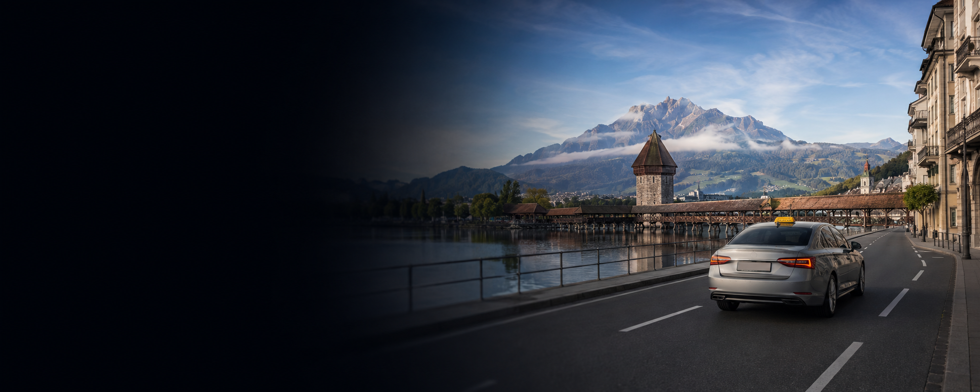 Taxi in Lucerne beside Chapel Bridge, the lake and mountains